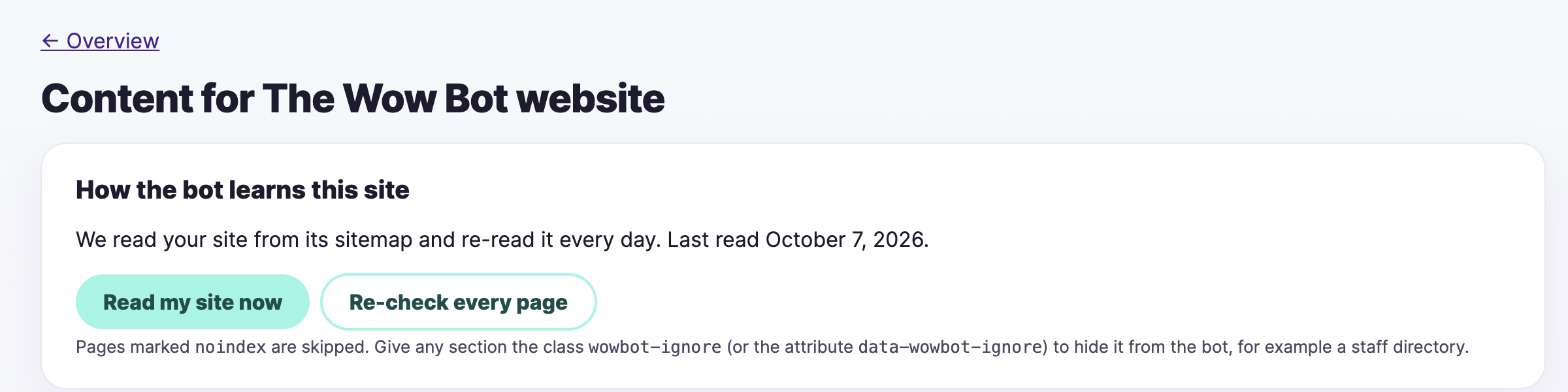 The content page showing when the site was last read, with buttons to read it again