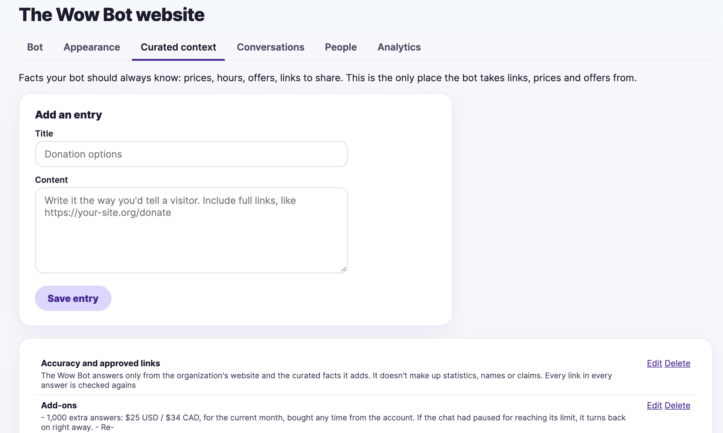 The Curated context tab, where you add facts and approved links for the bot to use